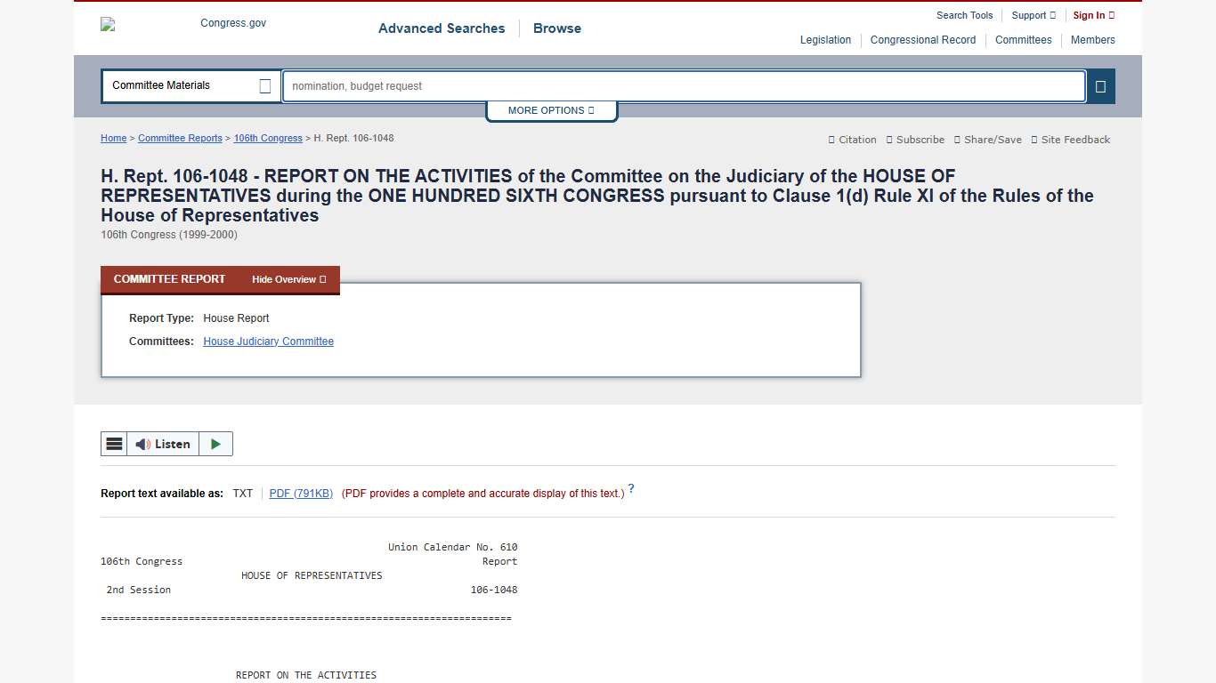H. Rept. 106-1048 - REPORT ON THE ACTIVITIES of the Committee on the Judiciary of the HOUSE OF REPRESENTATIVES during the ONE HUNDRED SIXTH CONGRESS pursuant to Clause 1(d) Rule XI of the Rules of the House of Representatives Congress.gov Library of Congress