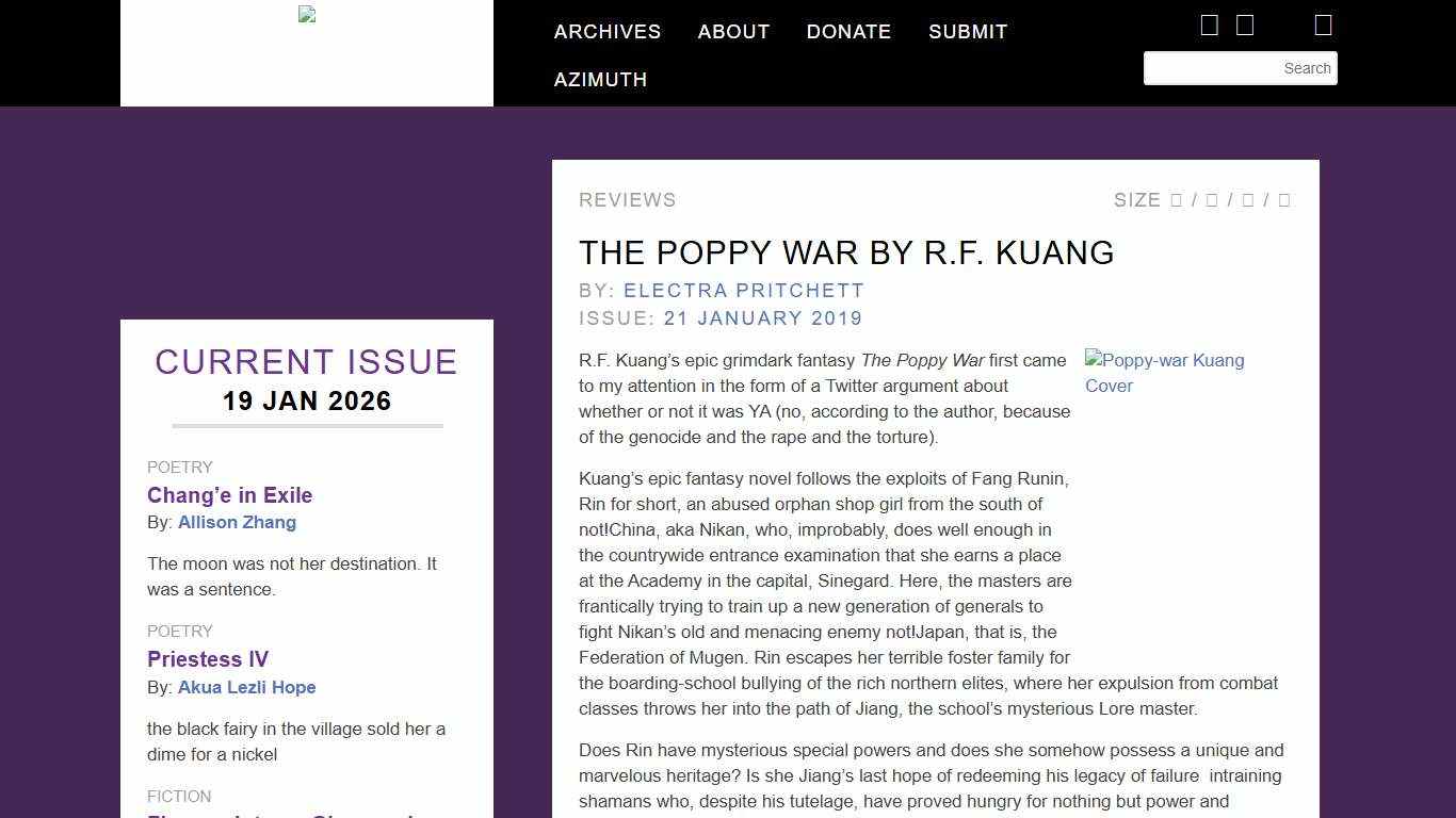 Strange Horizons - The Poppy War by R.F. Kuang By Electra Pritchett